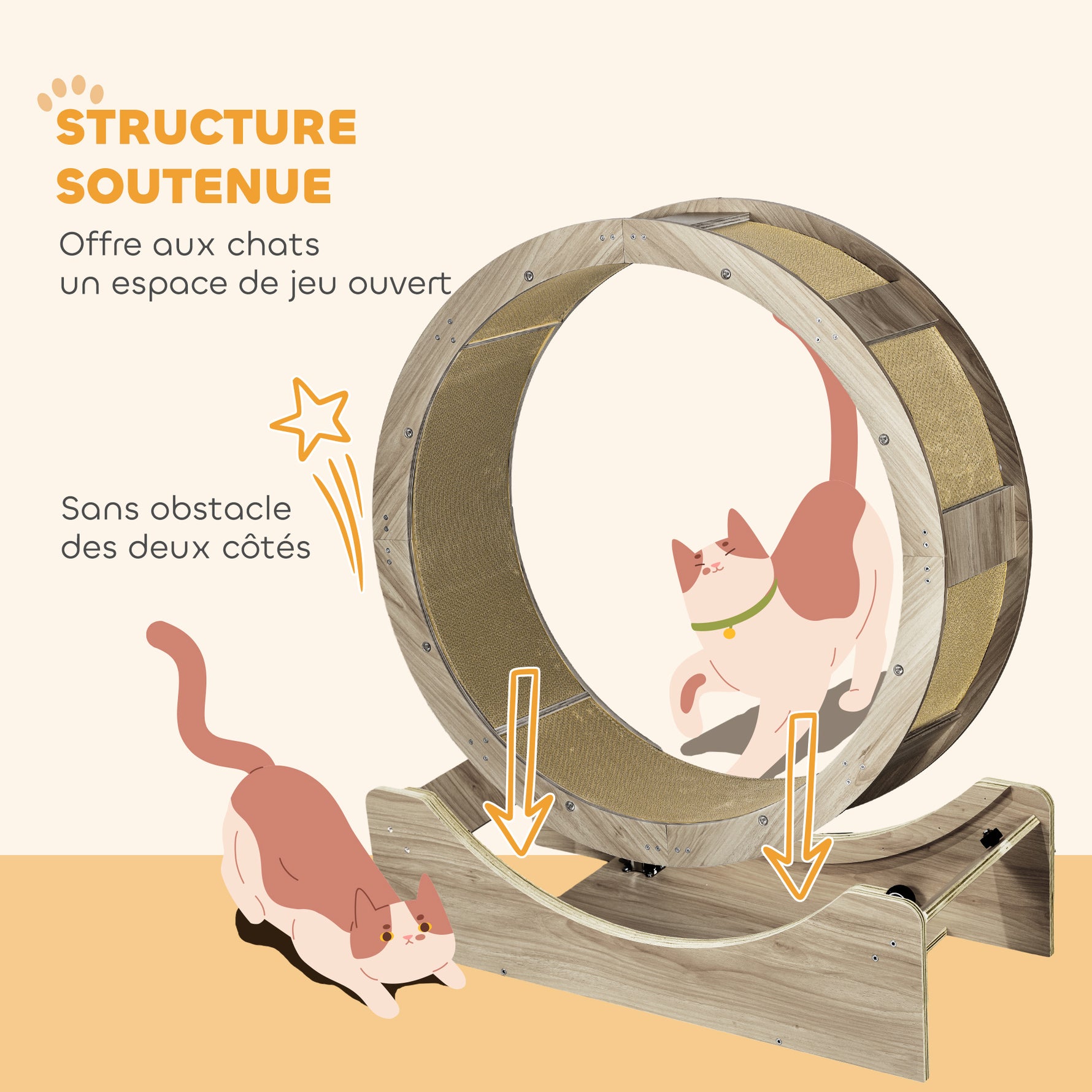 Roue d'exercice pour chat roue de course pour chat frein sécurisé et tapis de grattage amovible silencieux 91 cm marron