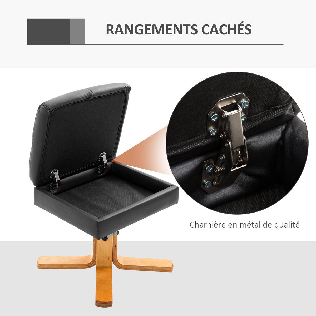 Fauteuil relax avec repose-pied, fauteuil de relaxation en PU, pivotant à 360°, dossier inclinable, assise et dossier rembourrés, rangement caché, pour salon, chambre, home cinéma, noir