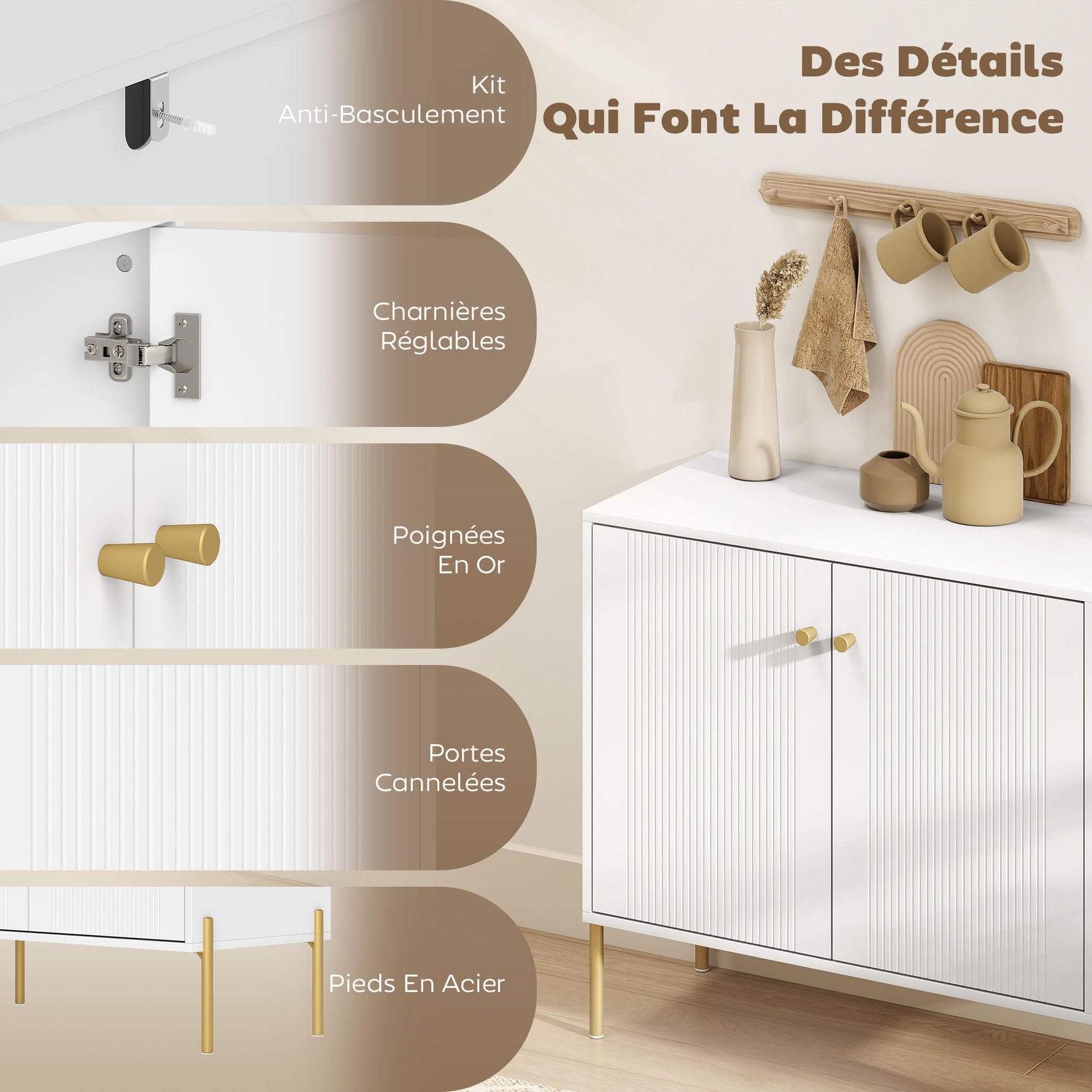 Buffet salon, meuble de rangement avec double porte cannelée, étagère réglable, pieds en acier, 80 x 39,1 x 76 cm, blanc