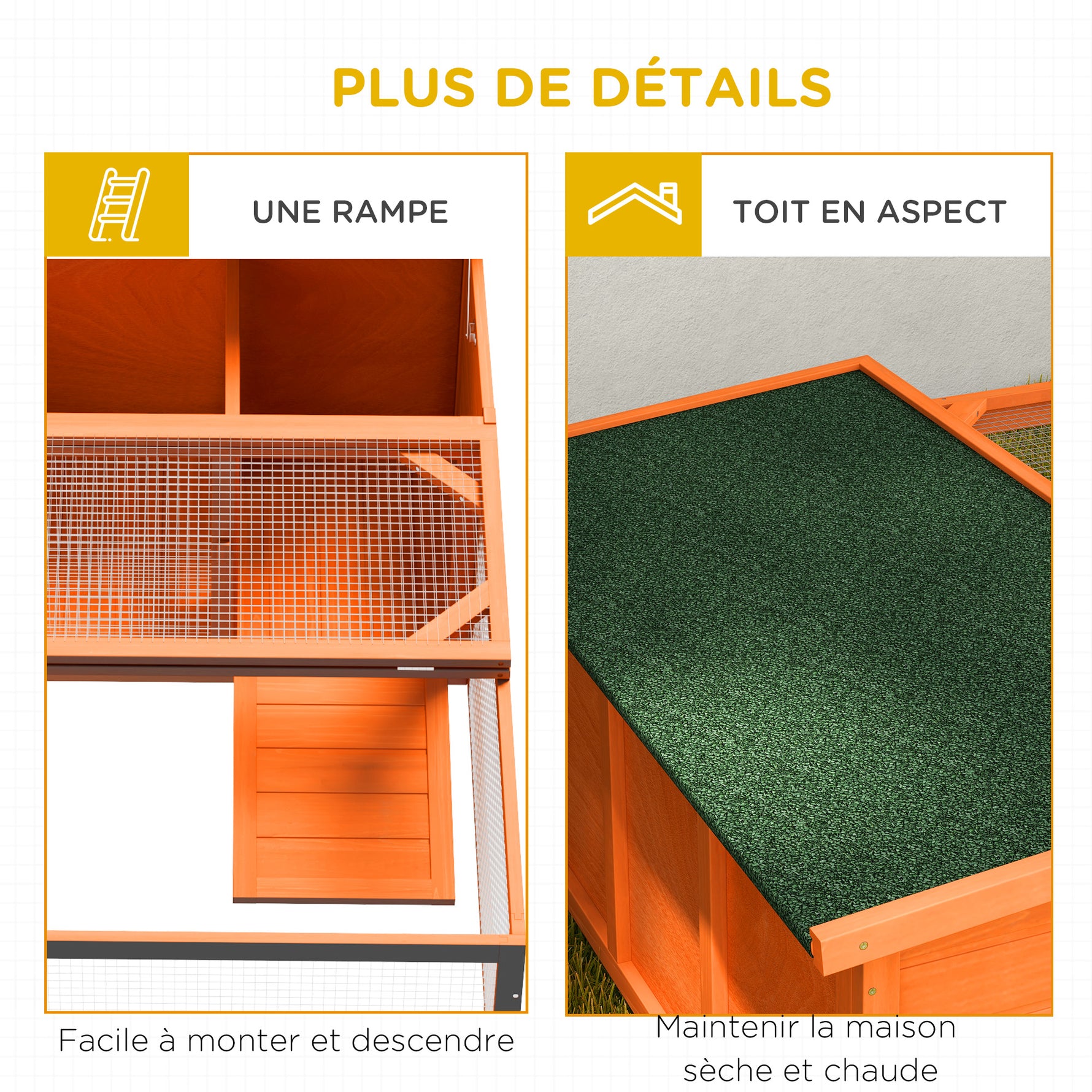 Clapier d'extérieur, cage lapin avec enclos, toit en asphalte, cadre en bois, 125,5 x 100 x 49 cm, orange