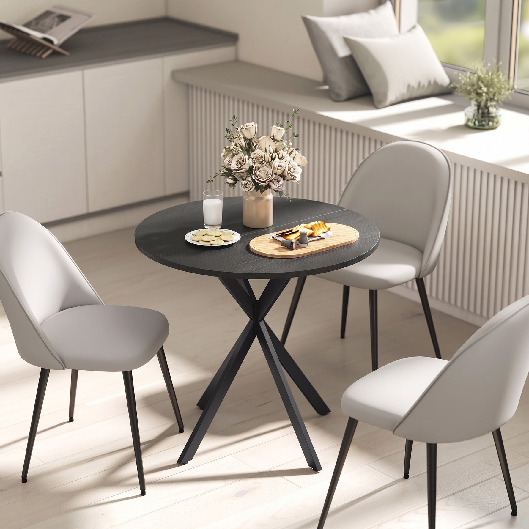 Table à Manger Ronde pour 2 Personnes avec Plateau Aspect Bois et Piètement Croisé en Acier, Noir