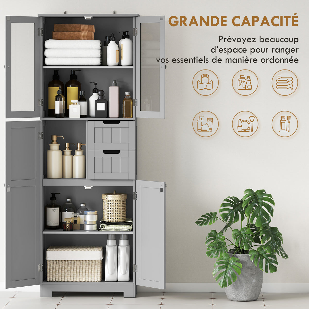 Meuble de salle de bain haut, meuble de rangement avec 4 portes dont 2 vitrées, 2 tiroirs et étagères réglables, gris