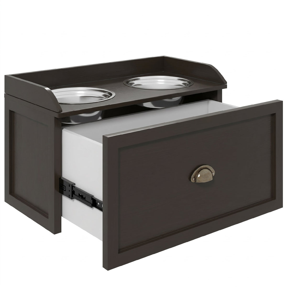Gamelles Chiens Surélevées, Porte-Gamelles Surélevé Rangement 2 en 1, Tiroir, 2 Gamelles, 60x30x36cm, Marron Café