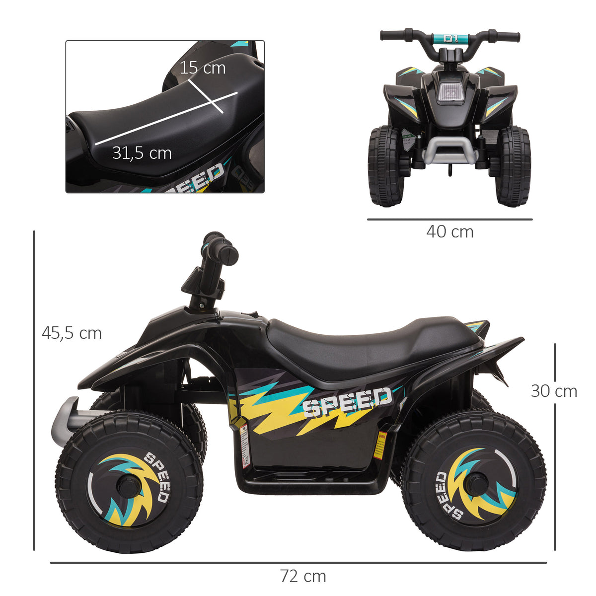 Quad électrique pour enfants 18-36 mois véhicule à batterie 6V avec marche avant et arrière 72 x 40 x 45,5 cm noir