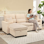 Canapé d'angle convertible en velours côtelé, canapé-lit 3 places avec rangement caché, coussins, 205x135x76cm, beige
