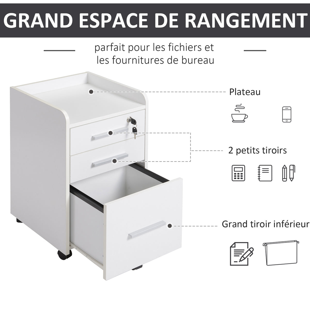 Caisson de bureau rangement bureau sur roulettes 3 tiroirs 1 verrouillable 1 trieur dossiers en bois blanc