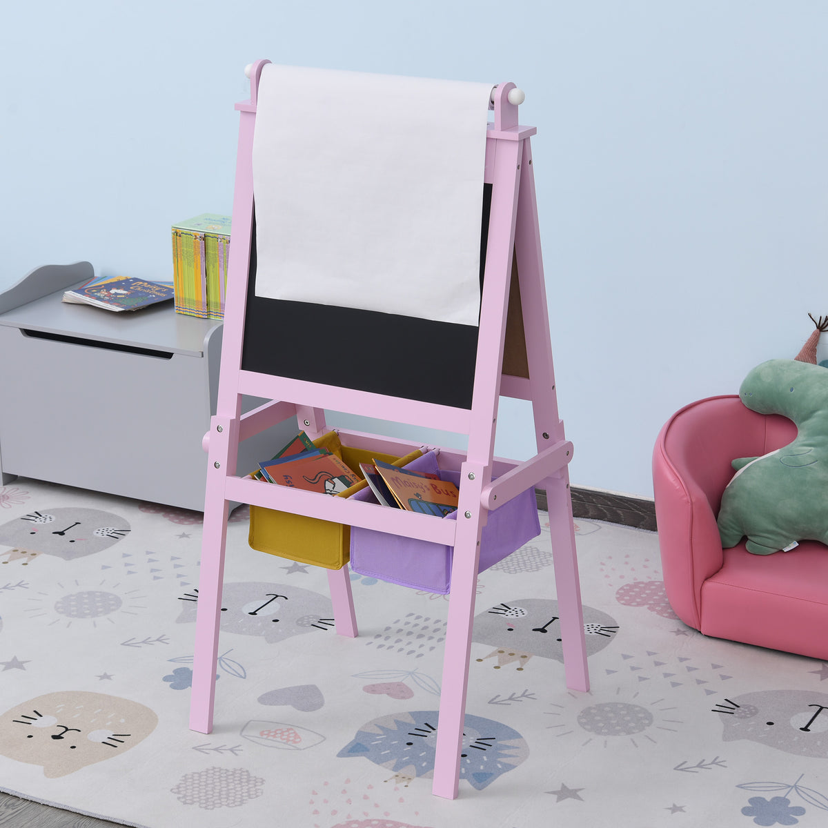 3-in-1 Kindertafel – Kinderstaffelei – doppelseitige Tafel – Whiteboard und Kreidetafel – Papierrolle mit Zubehör + integrierte Aufbewahrungskörbe – MDF, Rosa