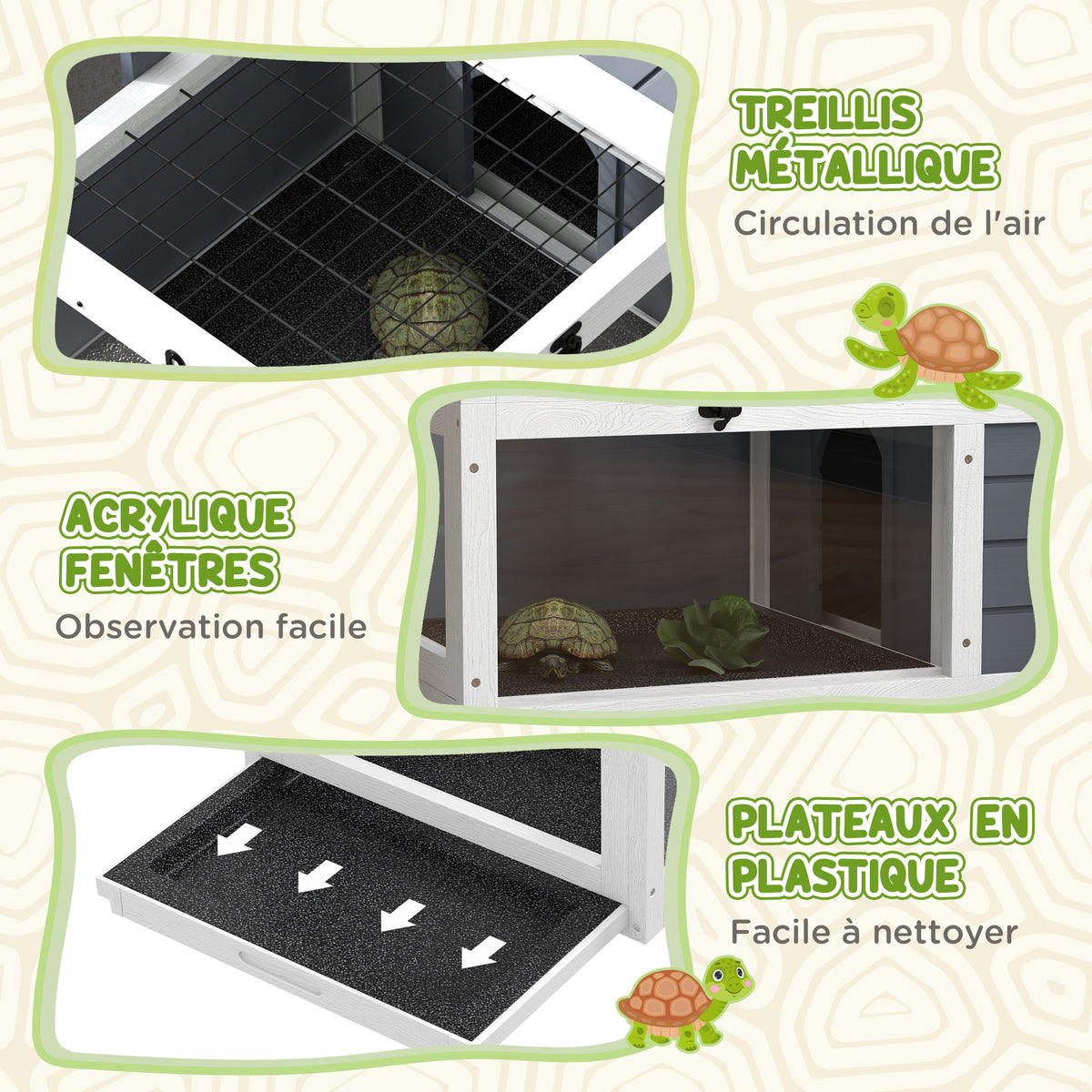 Maison enclos cage pour petit animal tortue avec 2 espaces support de lampe réglable 81 x 48 x 31,5 cm gris