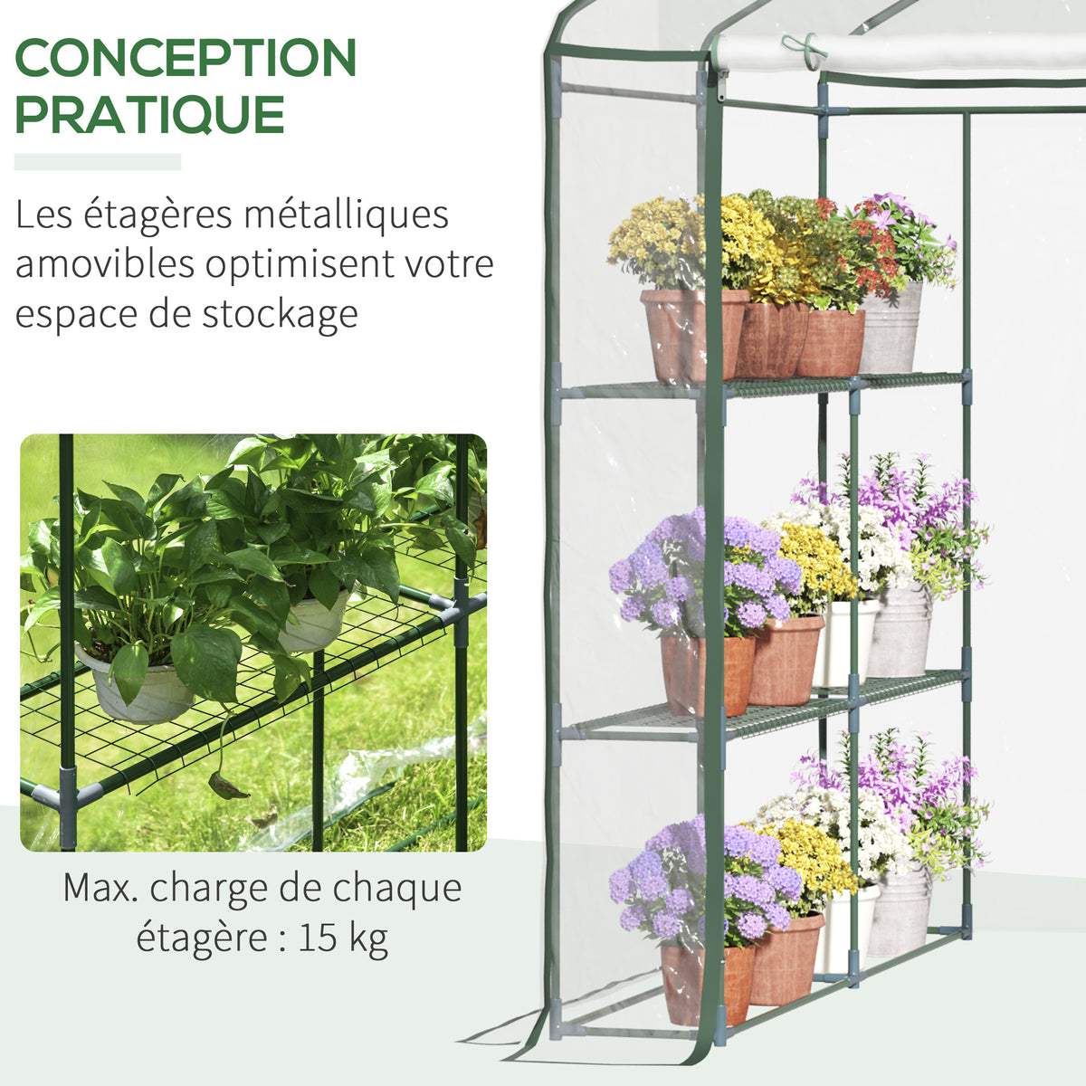 Serre de jardin avec étagères 3 niveaux, serre de balcon, châssis en acier, porte zippée enroulable, pour légumes plantes fleurs, intérieur et extérieur, 143x143x195cm, transparent