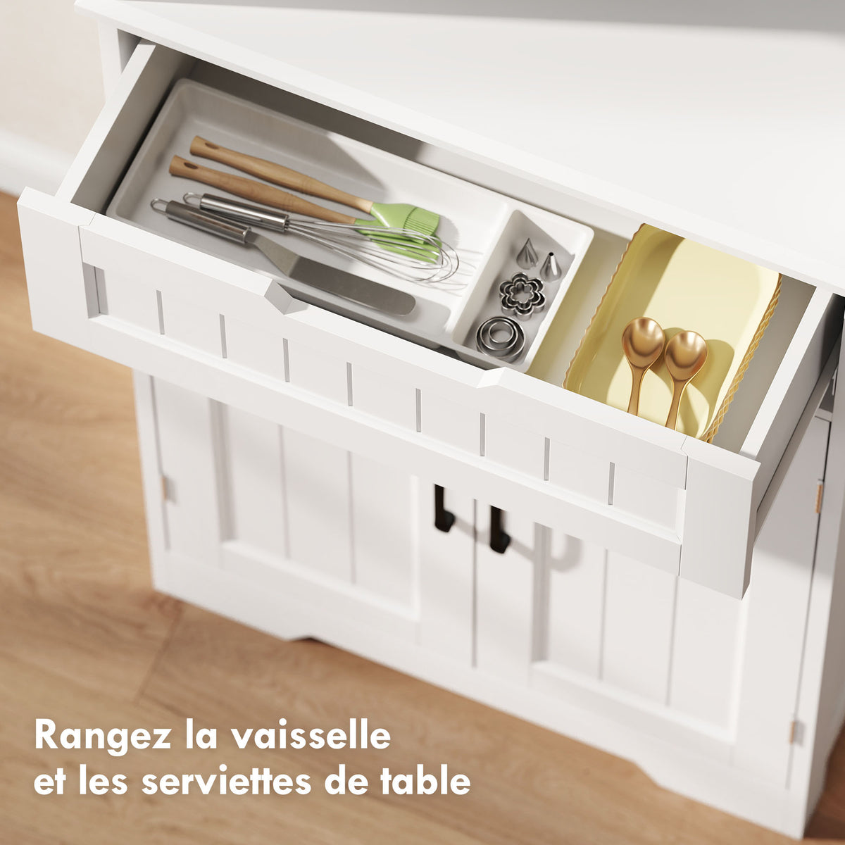 Buffet cuisine, armoire de cuisine avec 4 portes, tiroir, compartiment ouvert et étagères réglables, 60x30x172cm, blanc