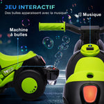 Moto électrique enfants 2-5 ans, 3 roues, 6 V, 3 km/h, avec fonction de bulles, effets lumineux et sonores, vert