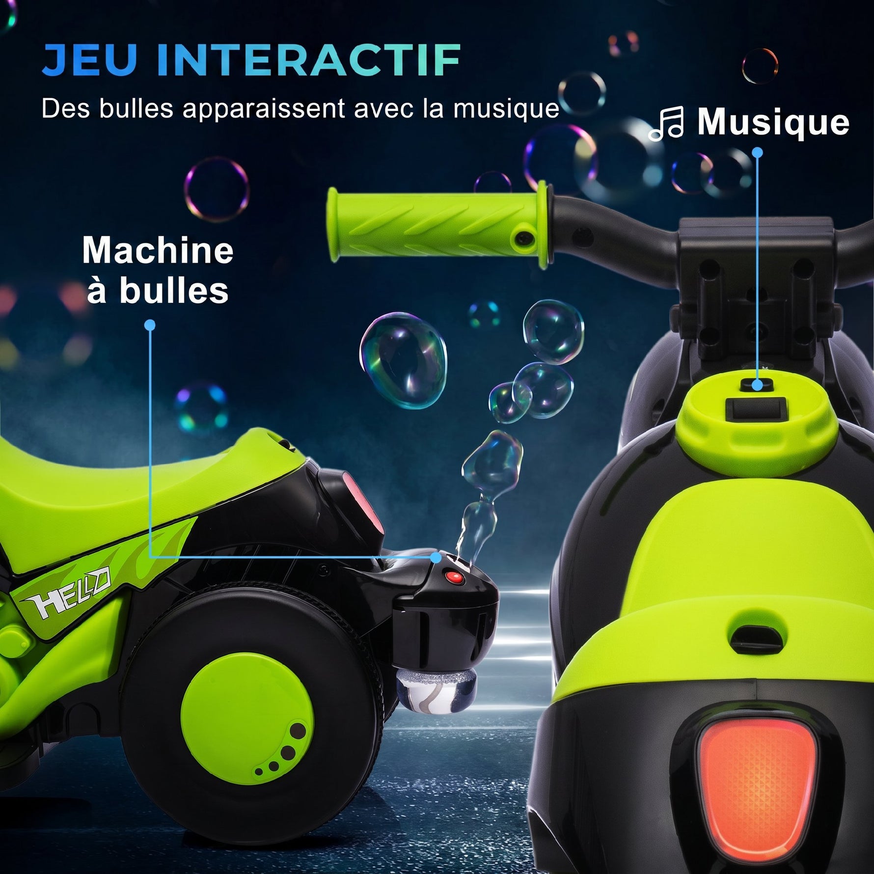 Moto électrique enfants 2-5 ans, 3 roues, 6 V, 3 km/h, avec fonction de bulles, effets lumineux et sonores, vert