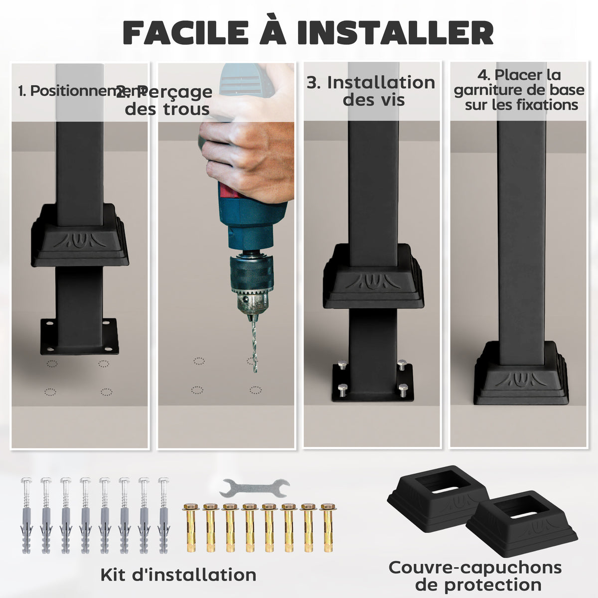 Rampe d'escalier 1 à 3 marches garde-corps pour escalier réglable 0-45° avec kit d'installation 71 x 8 x 148 cm noir