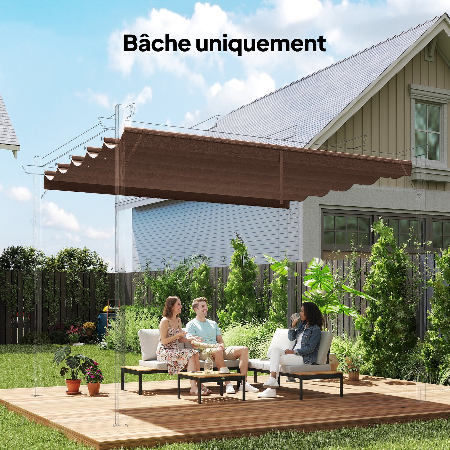 Toile de toit pour pergola tonnelle rétractable de 3 x 3 m - toile uniquement 250 x 255 cm café