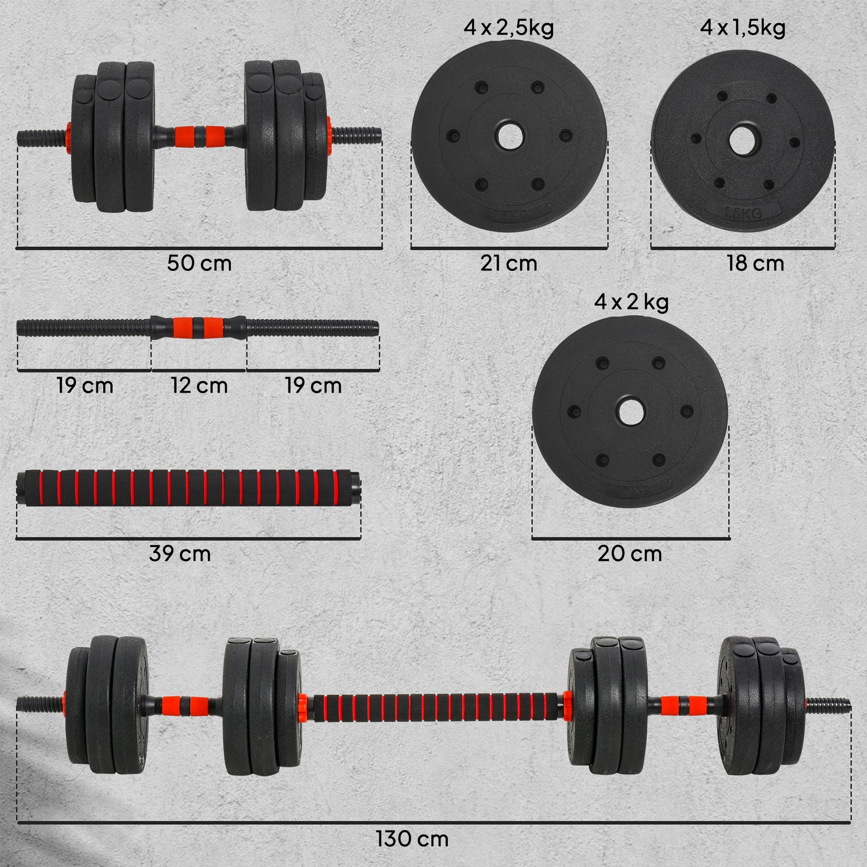 Kit Haltères Musculation 2-en-1, Lot de 2, 25 kg, poids réglable - Barres incluses - entraînement Musculaire & haltérophilie - HDPE Noir Rouge