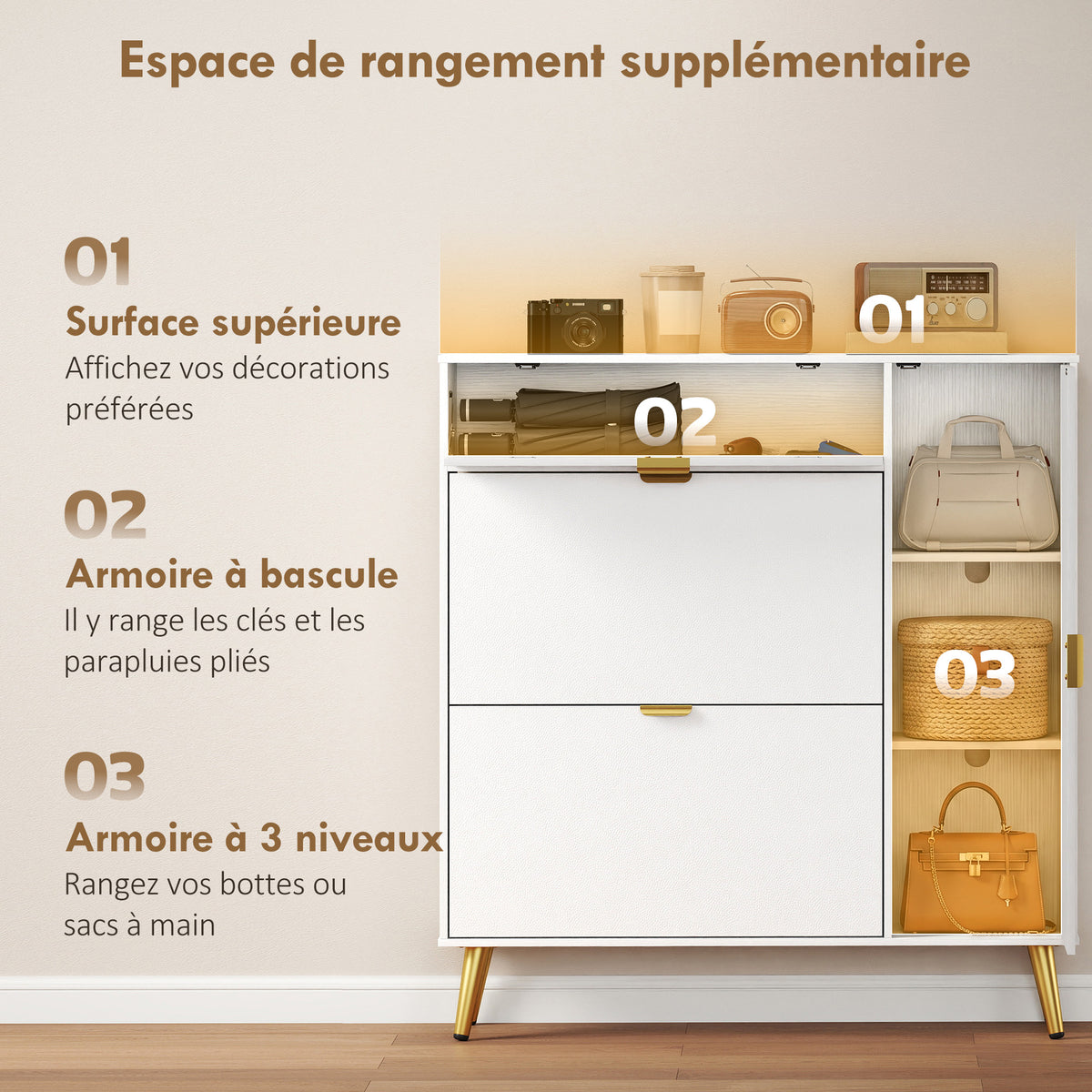 Meuble à chaussures 12 paires, armoire à chaussures, 2 tiroirs rabattables, 4 compartiments, 99,4x23,8x106,6cm, blanc