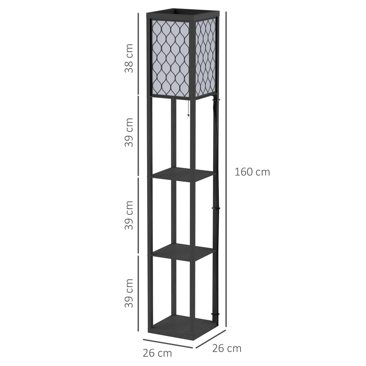 Lampadaire étagère Lampe étagère 26L x 26l x 160H cm 4 Niveaux MDF Noir Motif nid d'abeille