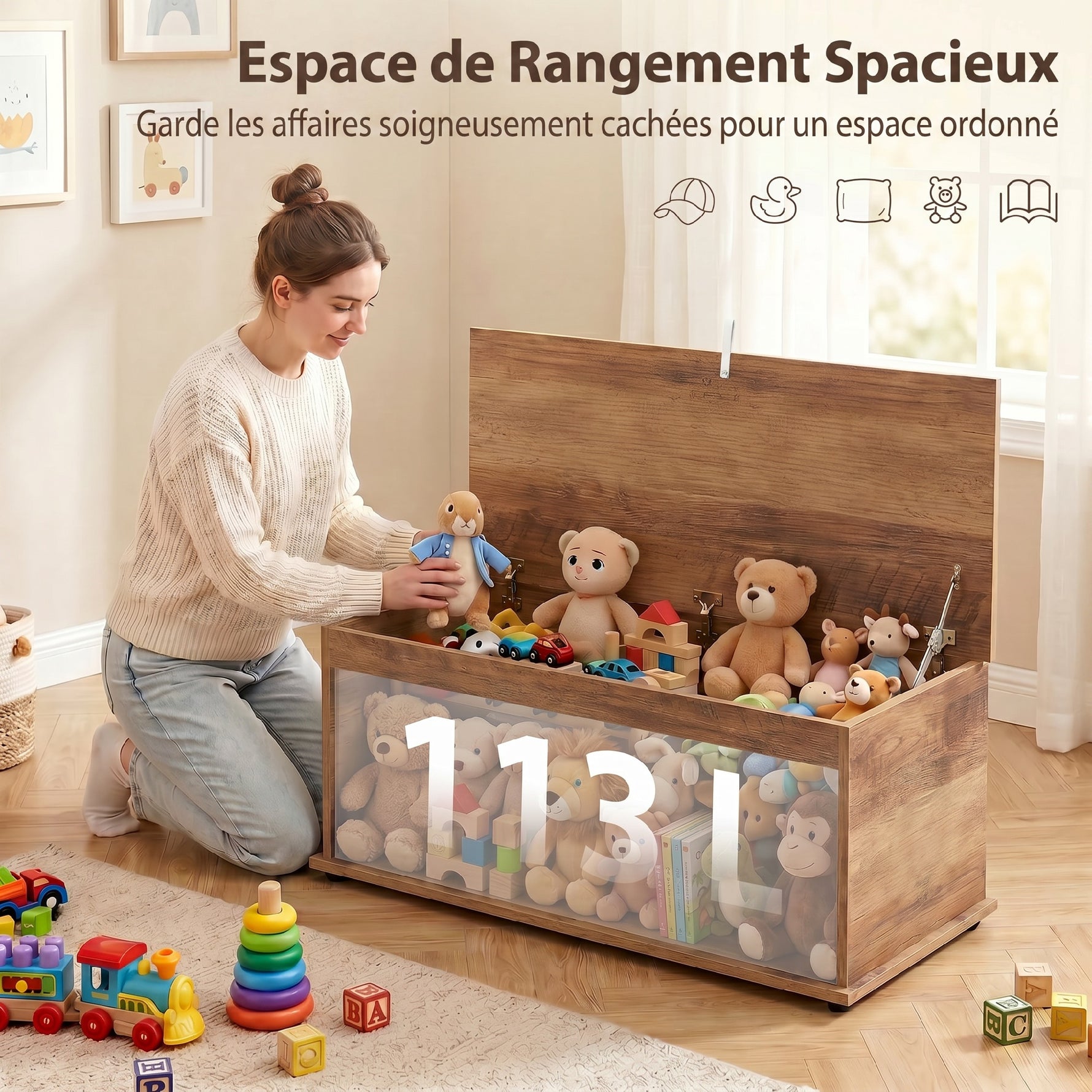 Coffre de rangement, banc de rangement avec couvercle rabattable et charnières de sécurité, 100 x 40 x 40 cm, marron