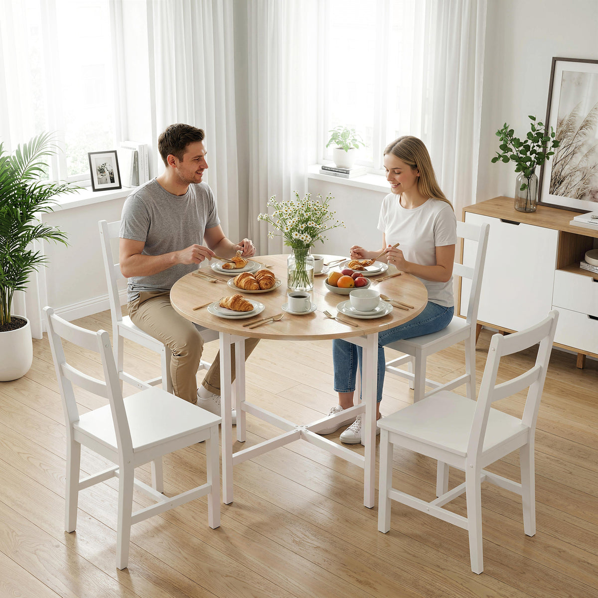 Tavolo da pranzo pieghevole, tavolo da cucina rotondo Ø 80 cm per 4 persone con 2 ribalte, gambe in acciaio, legno naturale