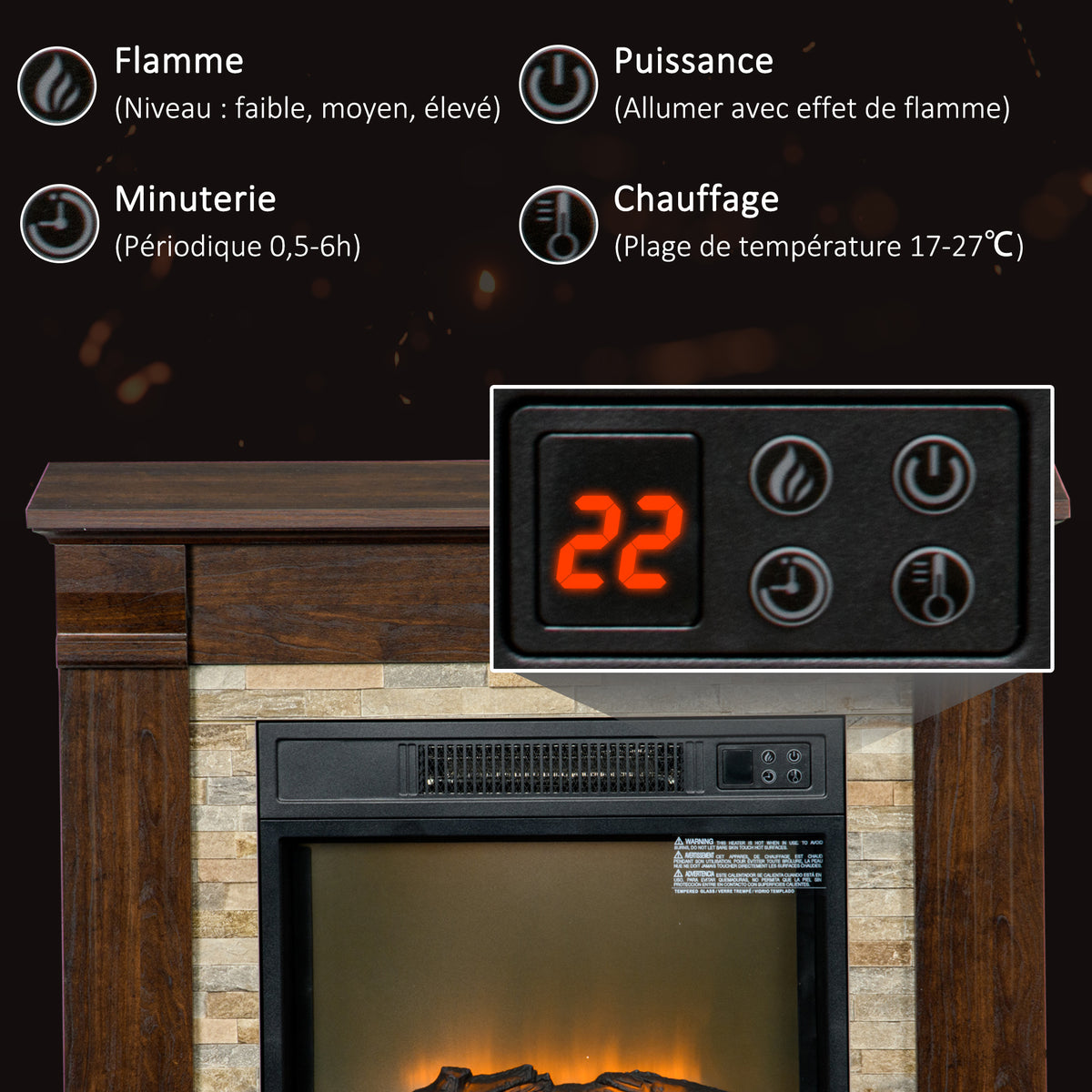 Cheminée électrique, cheminée décorative 1800W effet flamme, luminosité et température réglables, 80x21,6x67,8cm, marron