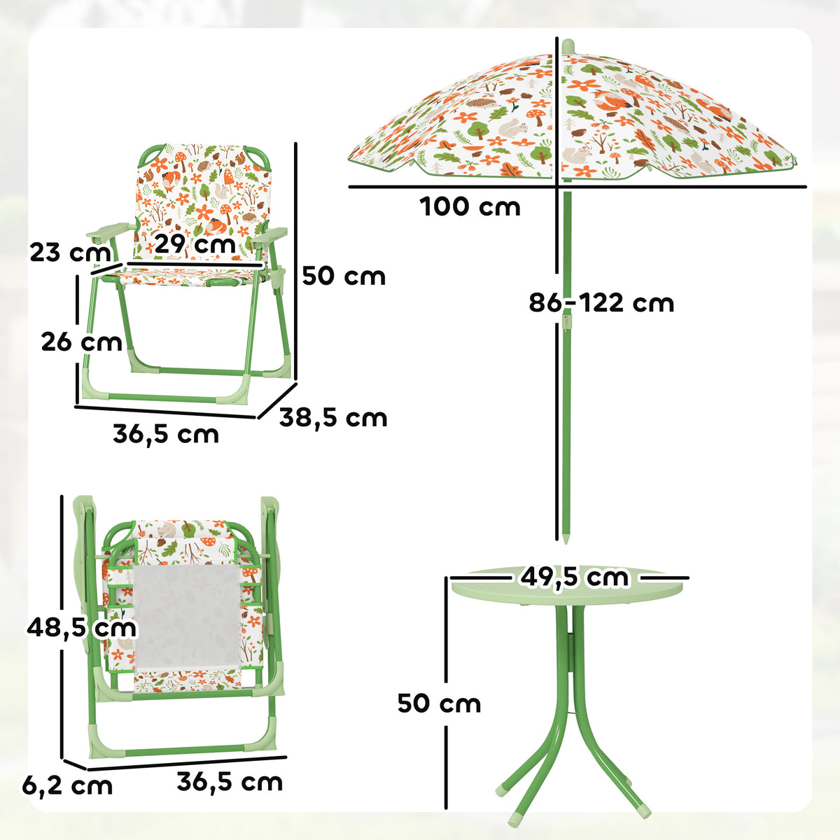 Ensemble salon de jardin extérieur enfant 4 pièces, motif éléphant et girafe, parasol réglable Ø 100 cm, chaise pliable