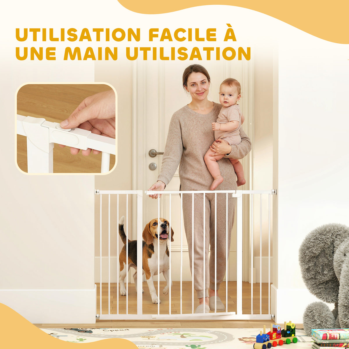 Adjustable Dog Safety Gate 76-107 cm, with 2 Extensions (10/15 cm), One-Handed Opening, No Drilling Required, White
