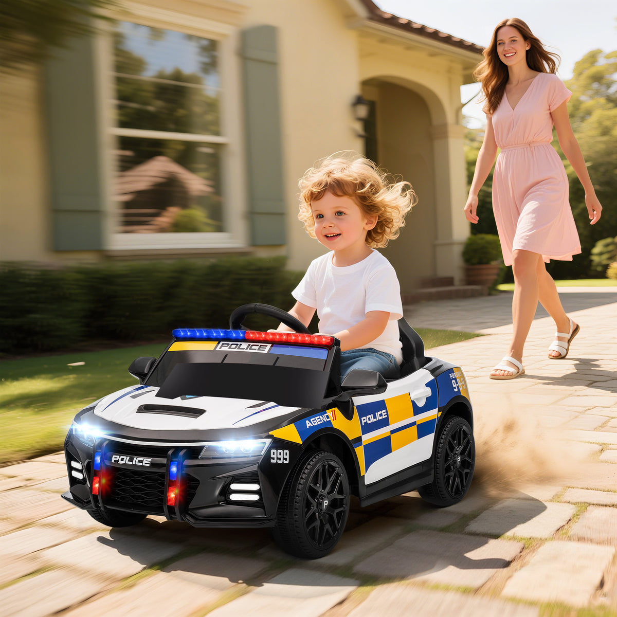 Coche eléctrico de policía para niños 12V, motor doble, control remoto, USB, MP3, música y claxon, multicolor