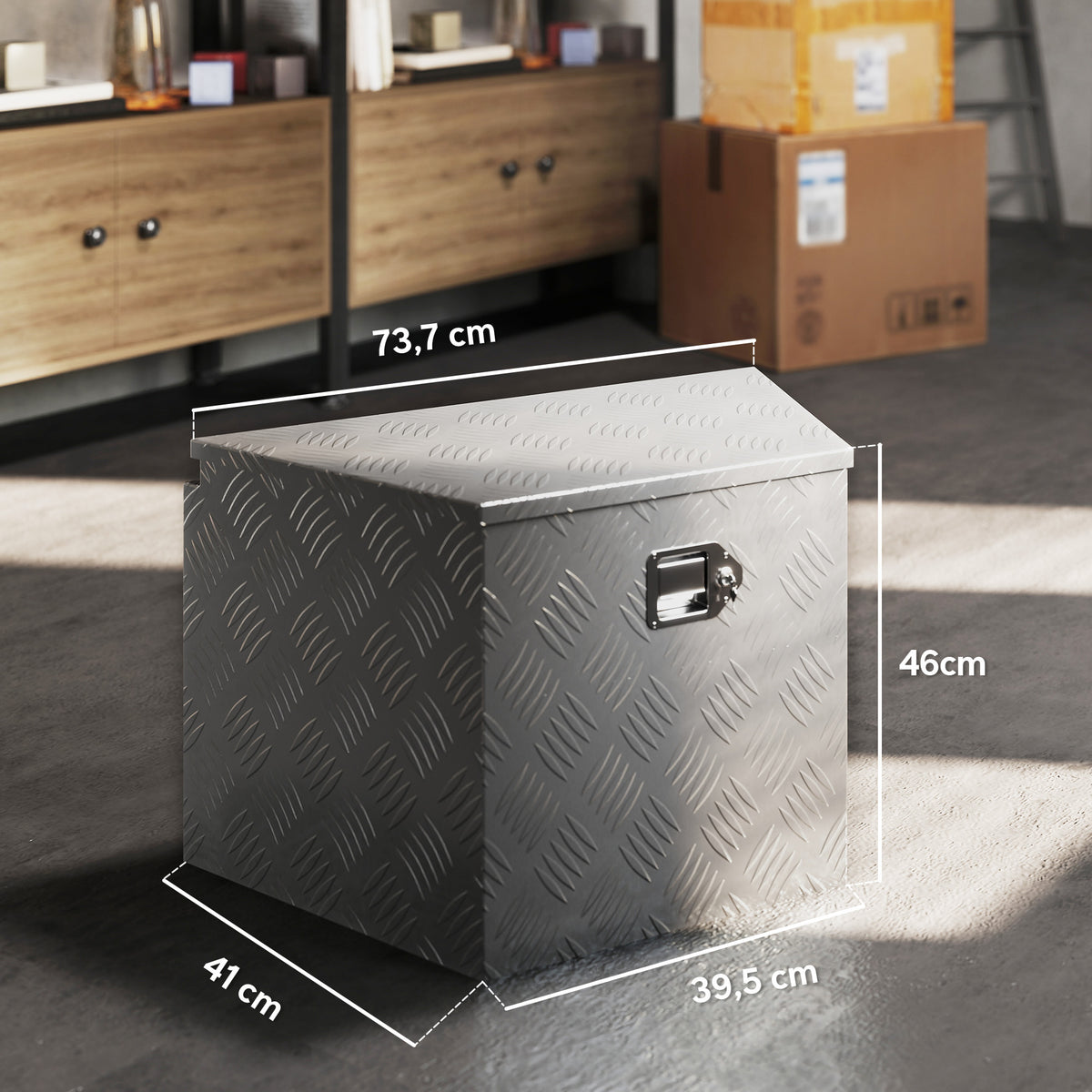 Caja de herramientas para remolque, caja de almacenamiento de aluminio bloqueable, forma trapezoidal, 73,7 x 41 x 46 cm, plateada