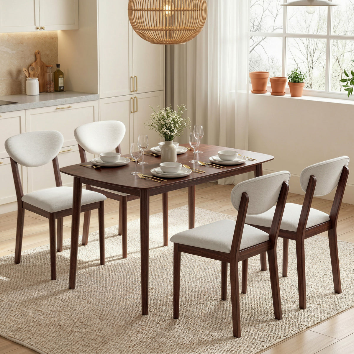 Ensemble table salle à manger avec 4 chaises table de cuisine avec chaises 4 personnes assise rembourrée noyer crème