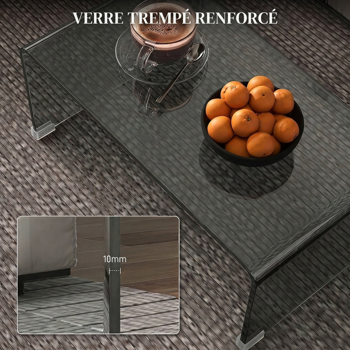 Table Basse en Verre, Table de Salon Rectangulaire Design Moderne avec Bords Arrondis Sûrs, Gris Clair Transparent-3