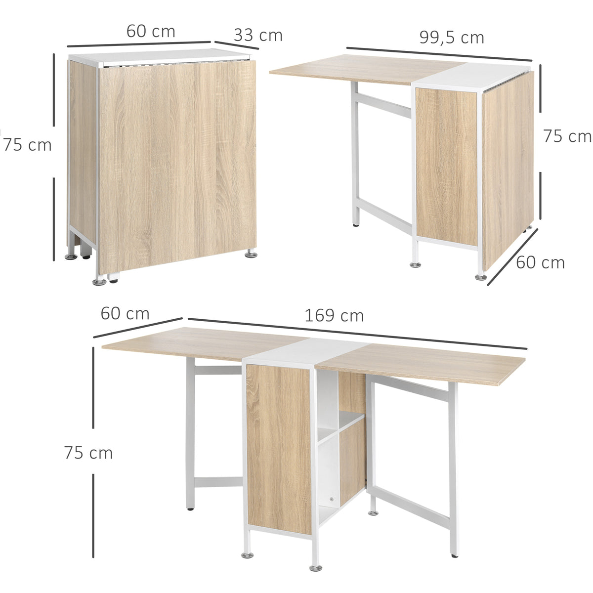 Mesa de cocina plegable para 4 personas, mesa de comedor con 4 nichos integrados para espacios pequeños, dim. desplegada 169L x 62an x 75Al cm, MDF roble claro, acero blanco