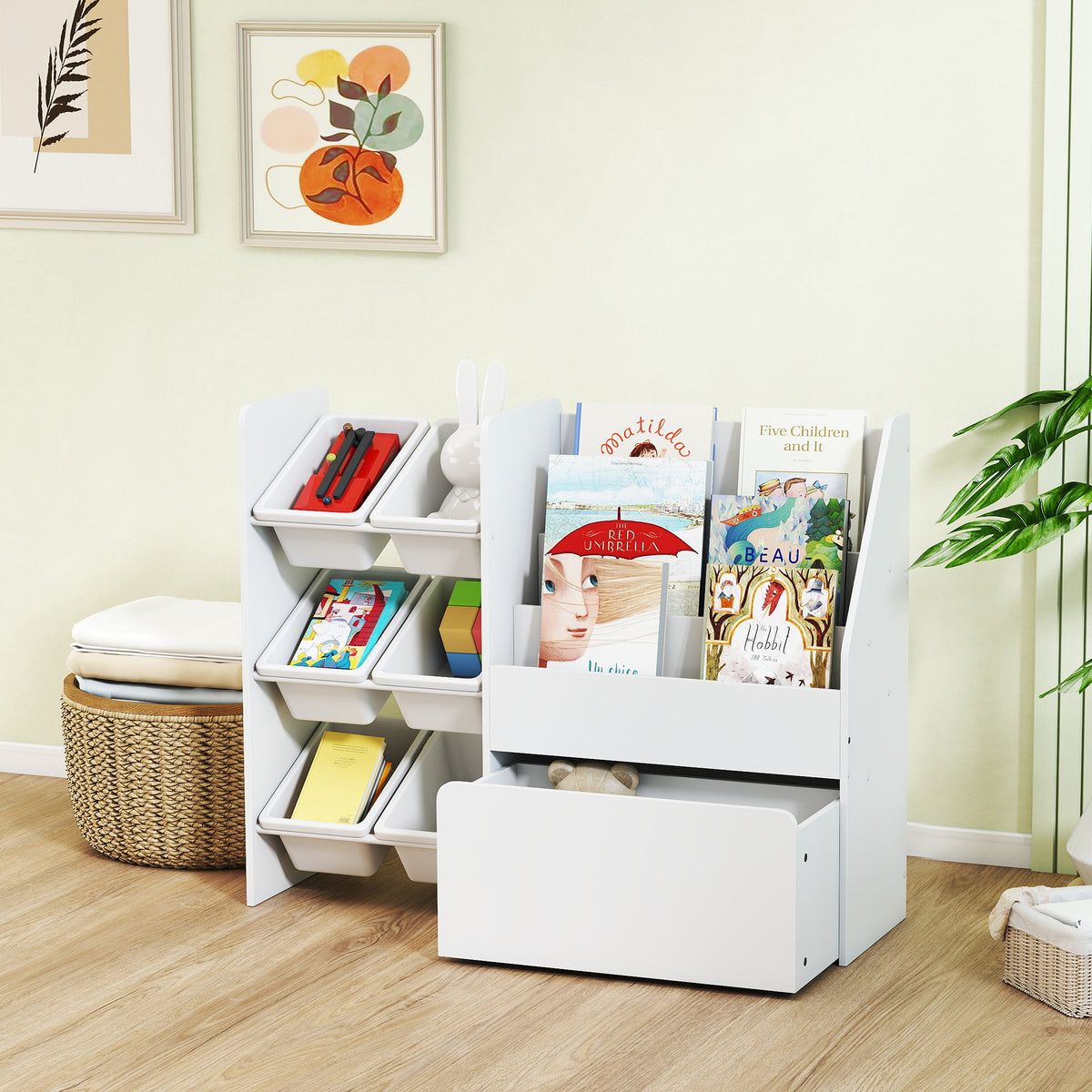 Meuble rangement enfant rangement jouet enfant 6 bacs amovibles et grand coffre à roulettes 100 x 30 x 80 cm blanc