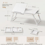 Table de lit pliable et réglable, plateau de lit pour ordinateur portable en bambou plateau inclinable 83,5x33x34cm blanc