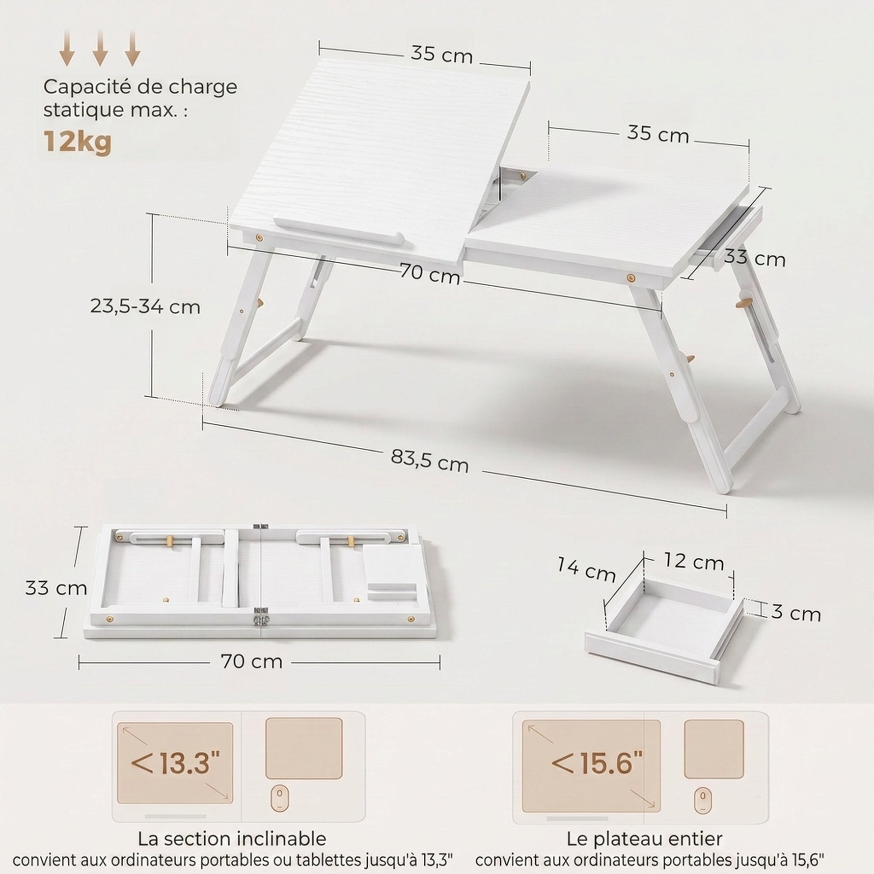 Table de lit pliable et réglable, plateau de lit pour ordinateur portable en bambou plateau inclinable 83,5x33x34cm blanc