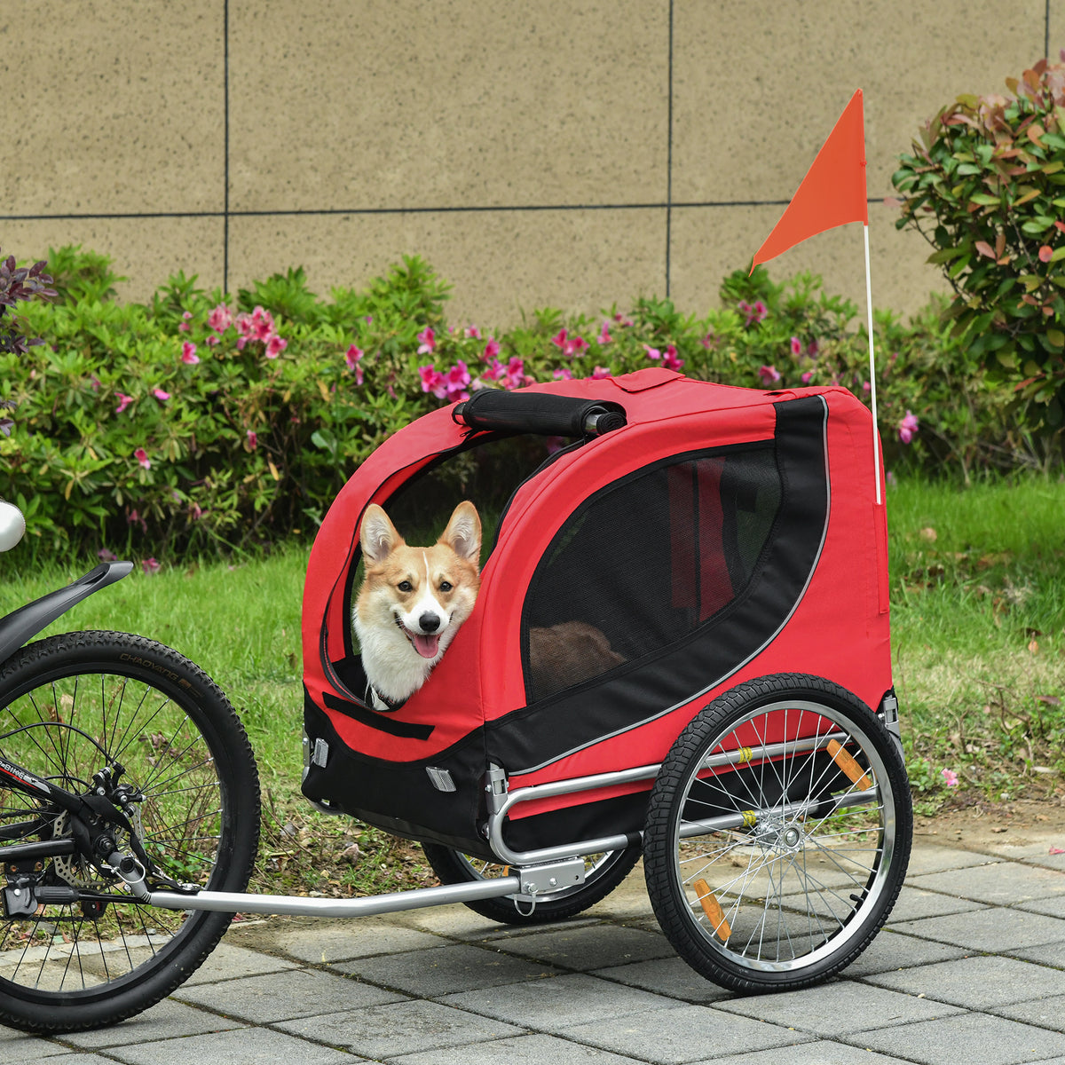Remolque de bicicleta para perros y mascotas con 8 reflectores y bandera roja, negro