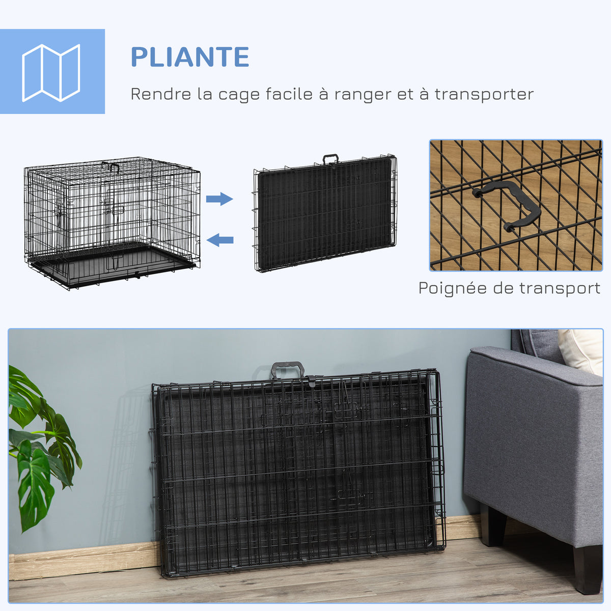 Cage caisse de transport pliante pour chien en métal noir 92 x 57 x 62,5 cm