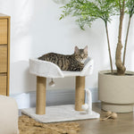 Arbre à chat grattoir design avec jeu 2 pompons suspendus 2 poteaux sisal plateforme peluche sisal 48 x 38 x 42 cm beige
