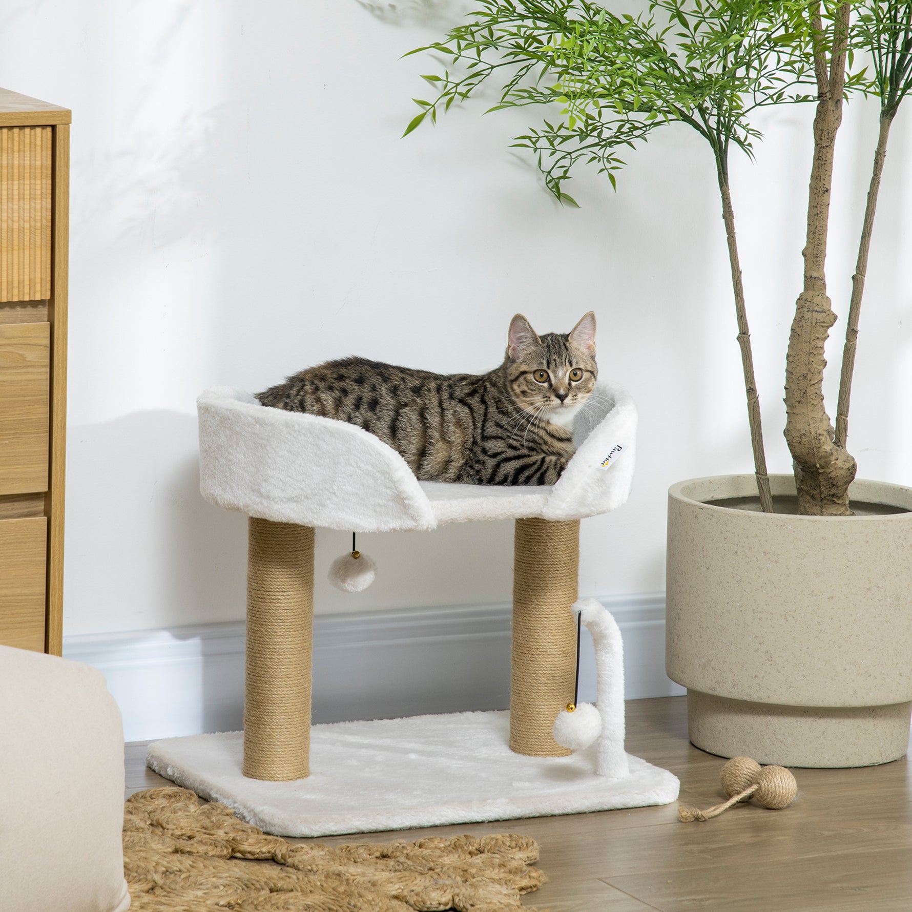 Arbre à chat grattoir design avec jeu 2 pompons suspendus 2 poteaux sisal plateforme peluche sisal 48 x 38 x 42 cm beige