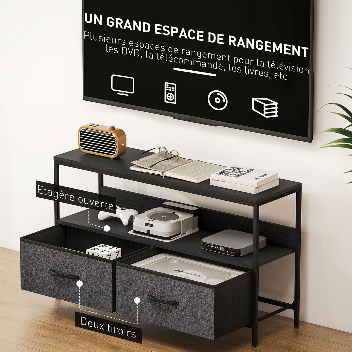 Meuble TV, meuble télé pour téléviseur jusqu'à 47 pouces avec 2 tiroirs et pieds en acier, 98 x 29 x 56 cm, gris foncé