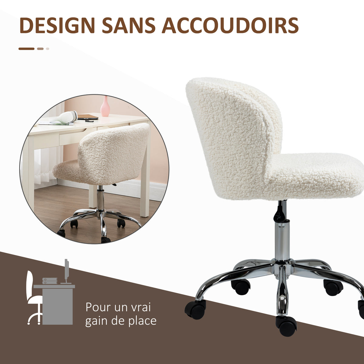 Chaise de bureau sans accoudoir en toison d'agneau hauteur réglable pivotant à 360 ° charge max. 120 Kg blanc