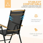 Salon de jardin extérieur 6 personnes, cadre en aluminium, table 190 cm, 6 chaises pliables et inclinables, noir