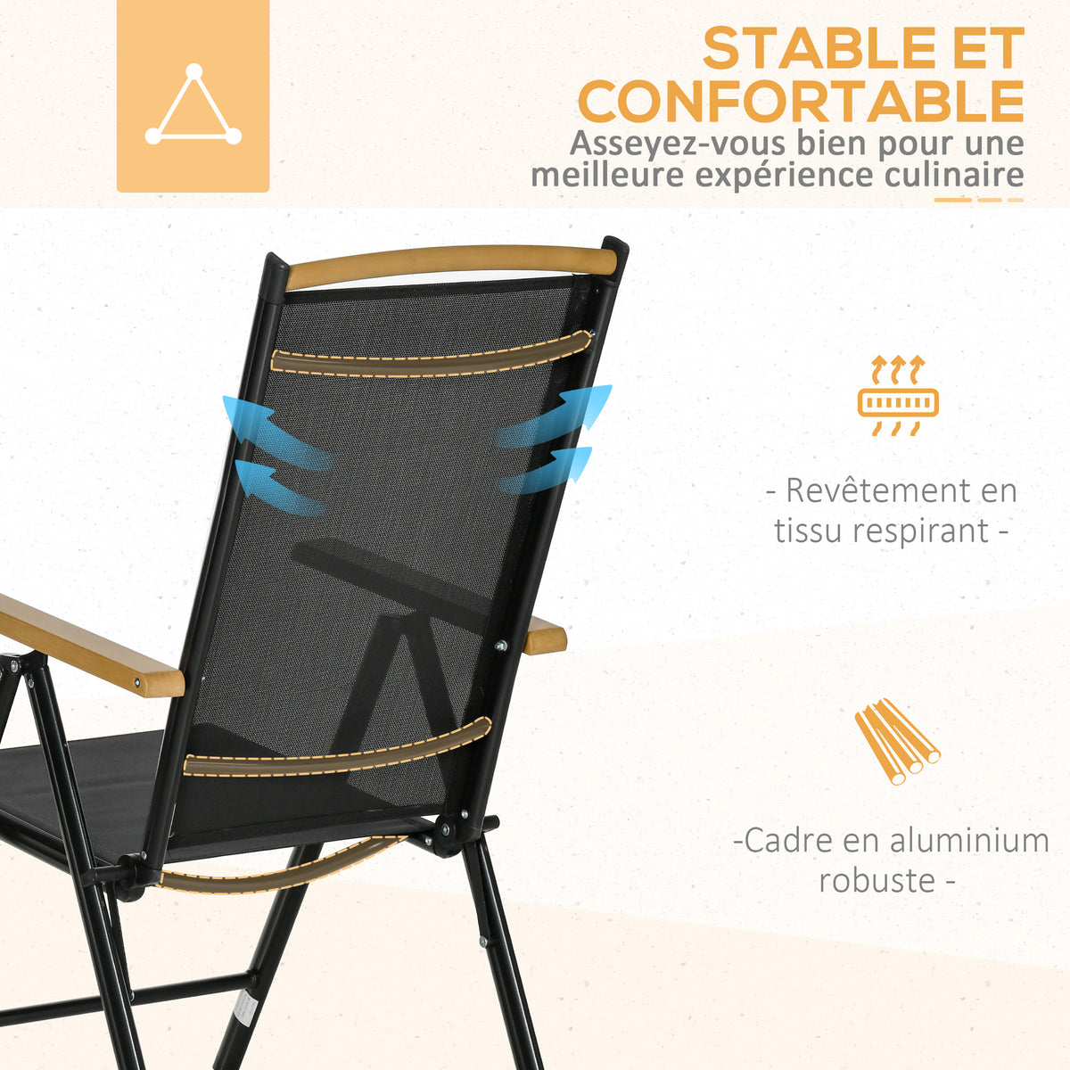 Salon de jardin extérieur 6 personnes, cadre en aluminium, table 190 cm, 6 chaises pliables et inclinables, noir
