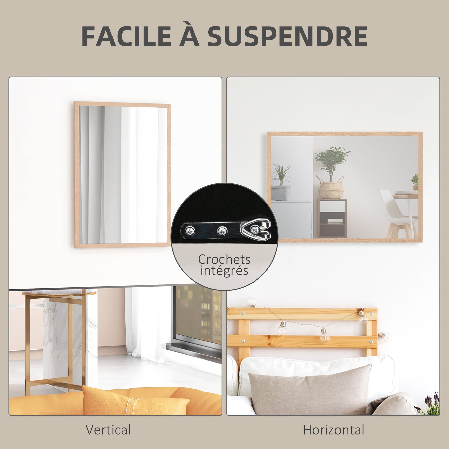 Miroir mural rectangulaire 50 x 70 cm, cadre en bois, idéal pour la salle de bain, salon ou chambre, naturel