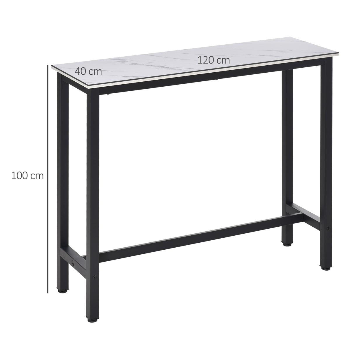 Table de Bar Table Haute de Cuisine Mange-debout - dim. 120L x 40l x 100H cm - châssis piètement Acier, Plateau Aspect marbre Blanc