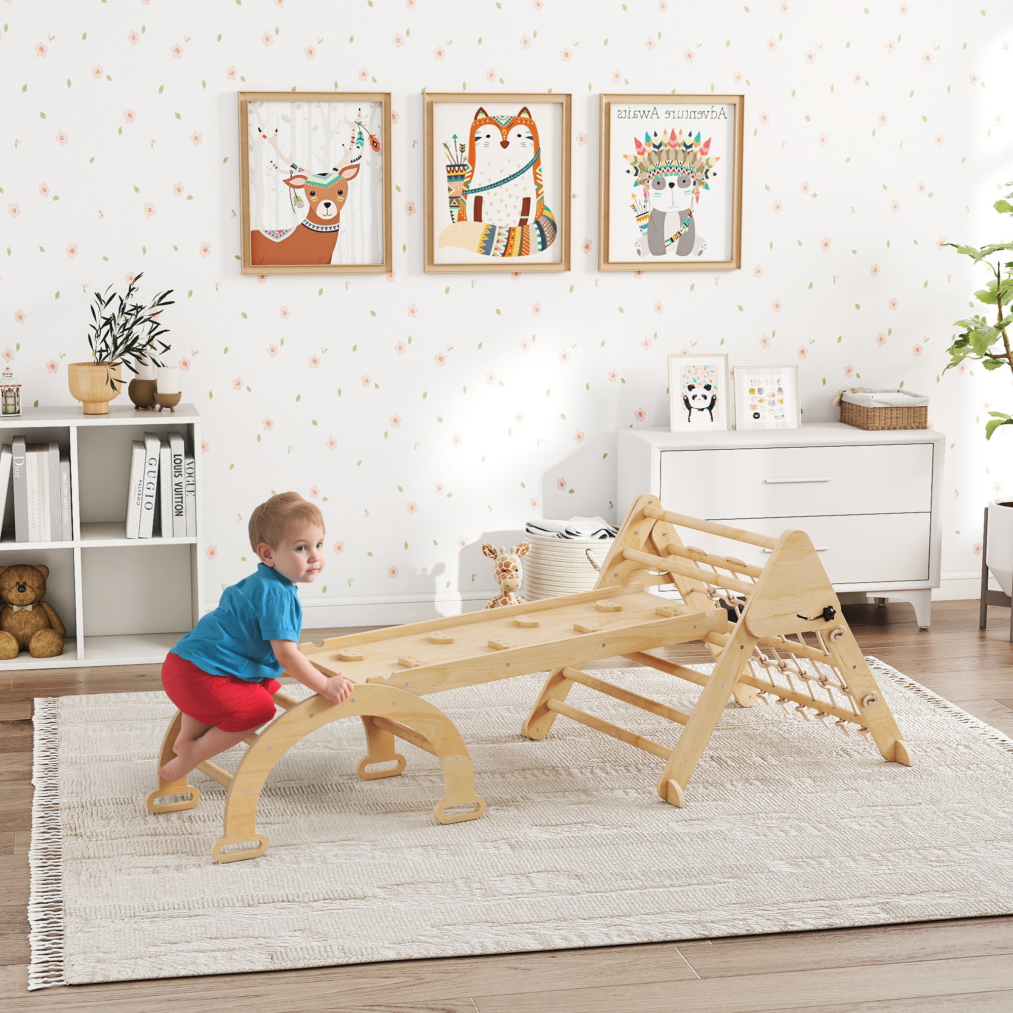 Triangle d'escalade enfants 8 en 1 avec rampe double face, arc d'escalade en bois avec toboggan & échelle, naturel