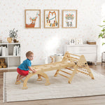Triangle d'escalade enfants 8 en 1 avec rampe double face, arc d'escalade en bois avec toboggan & échelle, naturel