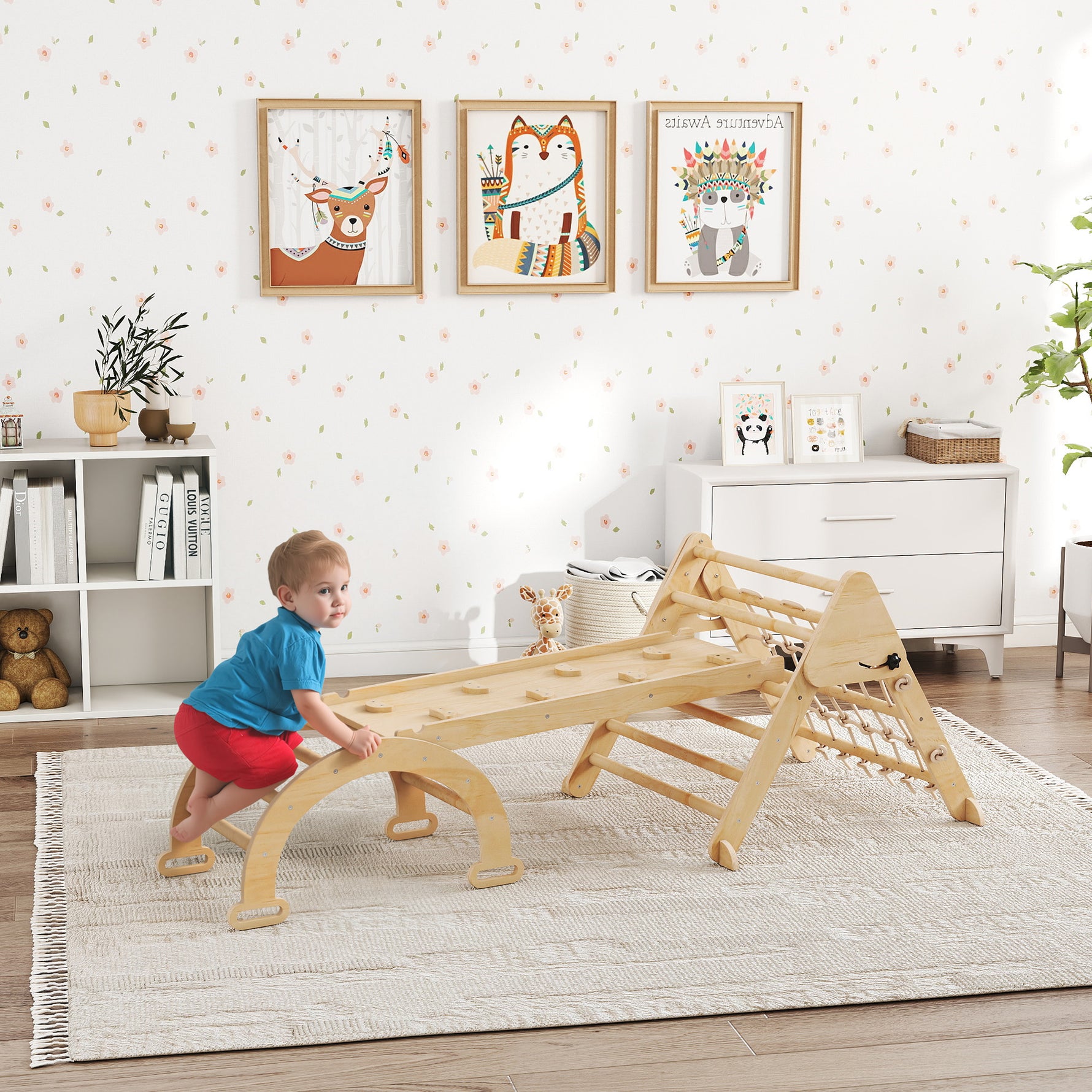 Triangle d'escalade enfants 8 en 1 avec rampe double face, arc d'escalade en bois avec toboggan & échelle, naturel