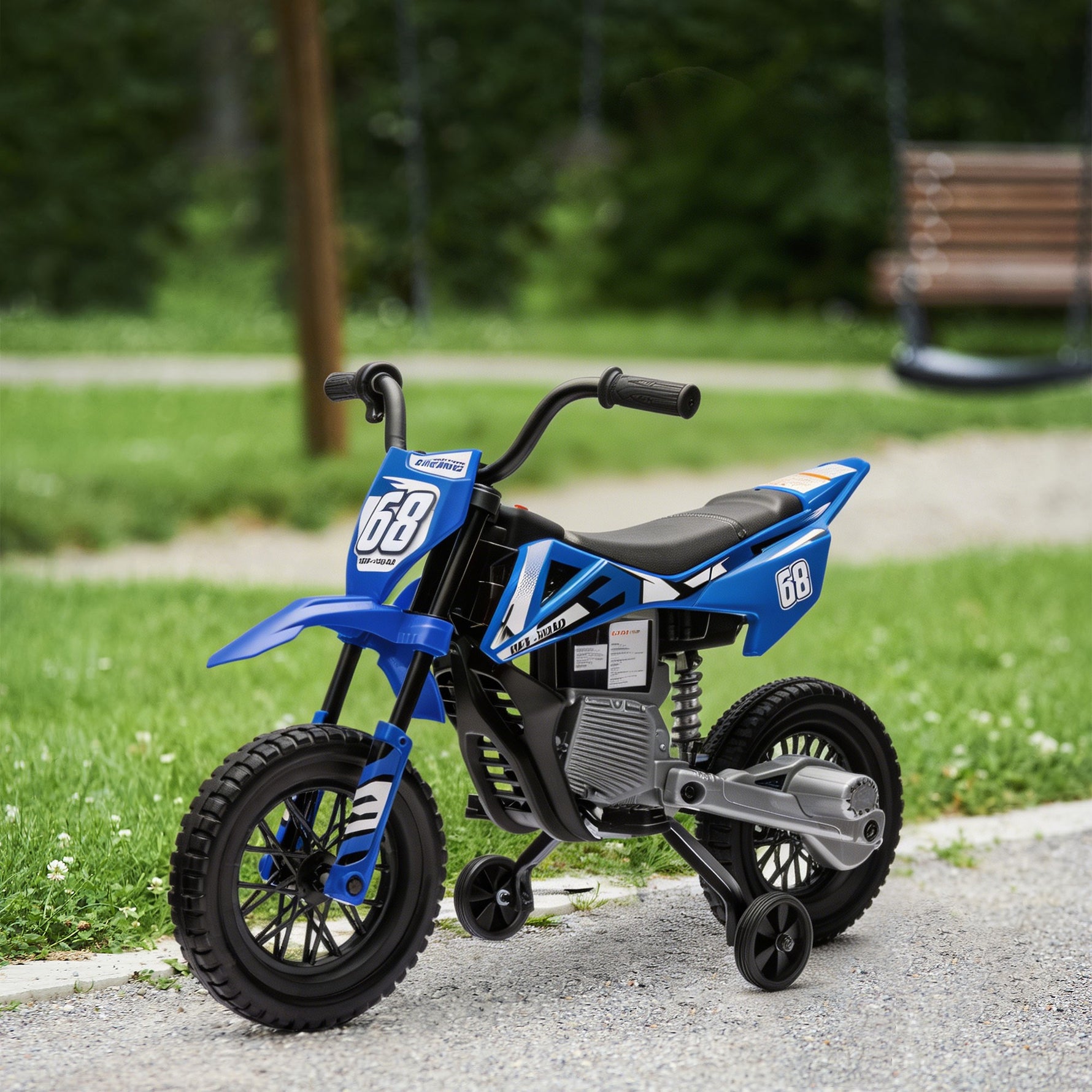 Moto électrique pour enfant moto cross pour enfants de 3 à 6 ans 2 moteurs 12V vitesse 5 km/h 109,5x60x72,5cm bleu