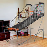Jeu de basketball arcade pliable à 2 panier 4 balles pompe de gonflage, panier de basketball avec système de pointage, 4 bouton fonctionnement et 8 modes, 205x110x205cm, noir et blanc