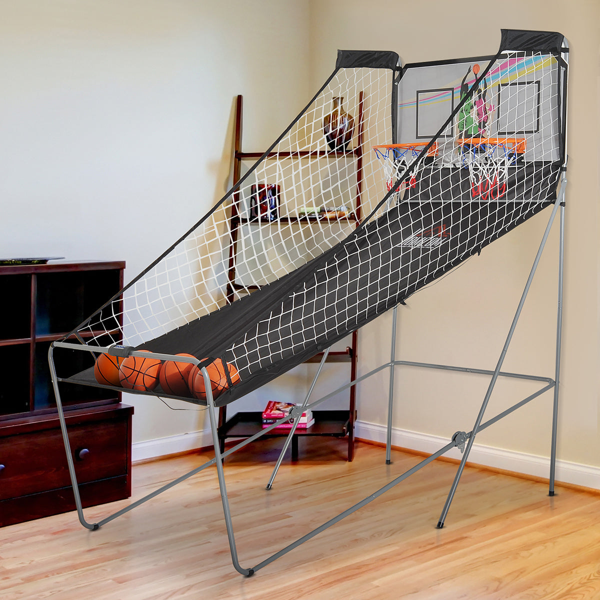 Jeu de basketball arcade pliable à 2 panier 4 balles pompe de gonflage, panier de basketball avec système de pointage, 4 bouton fonctionnement et 8 modes, 205x110x205cm, noir et blanc